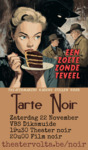 Film noir poster. Een femme fatale die een chocoladetaart eet, met twee detectives in de achtergrond.